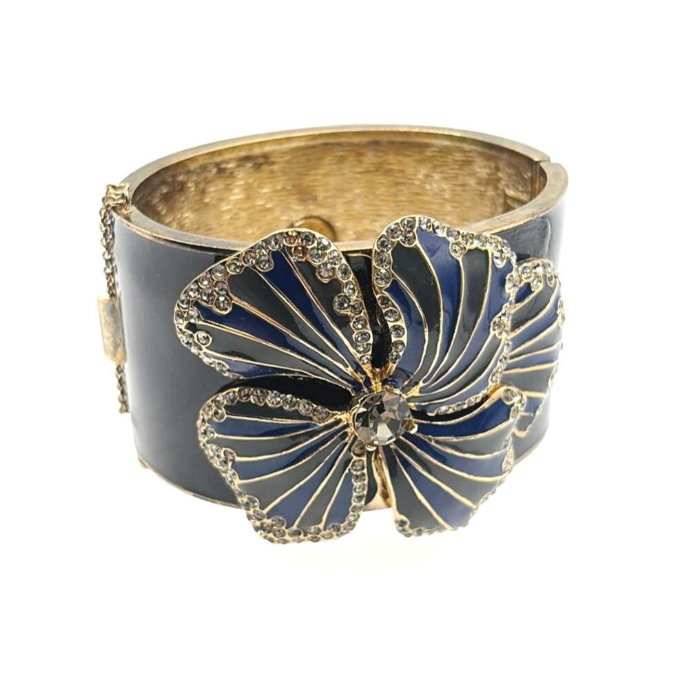 J Crew Navy Blue Floral Cuff Bracelet with Security Chain Size 7